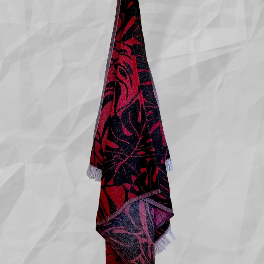 Red + Black Modern Monstera Travel Blanket Towel Wrap Organic Cotton New